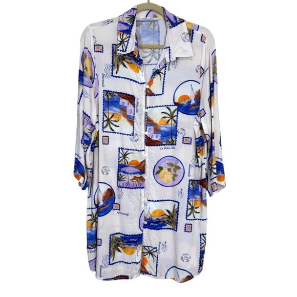 Label of Love Shirt Dress Tunic Button Up La Dolce Vita Postcard Travel Size L - Picture 1 of 6
